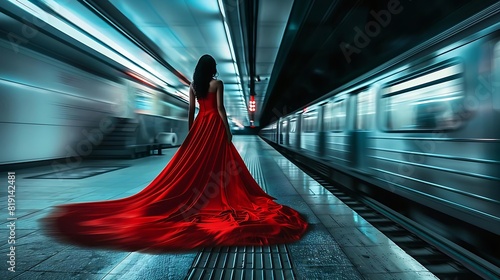 a woman in a striking red dress standing on a modern subway platform. The scene should evoke a sense of motion