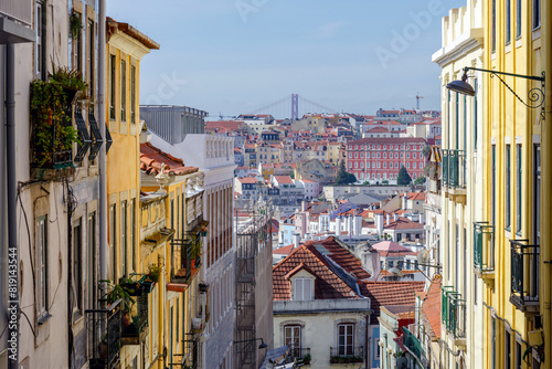 cityscape from a high point through the historic buildings of Lisbon, Portugal