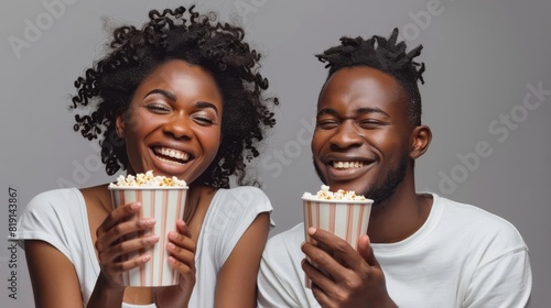 food, entertainment and people concept - happy smiling african american couple eating popcorn over