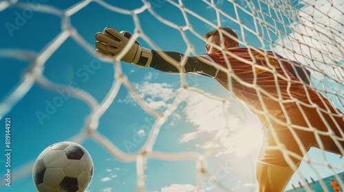 An action image of a soccer player hitting a soccer ball in the goal coast with full force, The football player is ambitious to score the goal and win the game