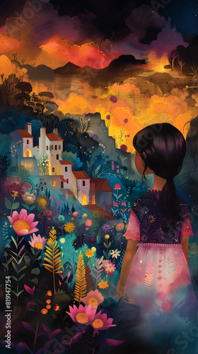 conceptual illustration of girl looking into a Latin American small town from afar in a painterly style of latin american magical realism. The sun is setting down in the horizon. Surrounded by flowers