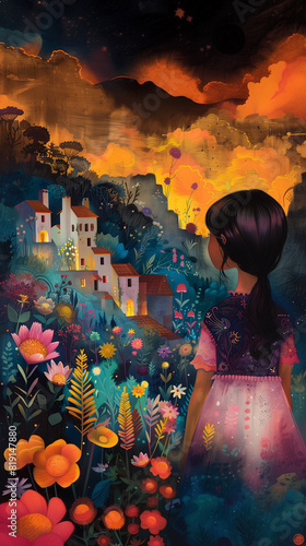 conceptual illustration of girl looking into Latin American small town from afar in a painterly style of latin american magical realism