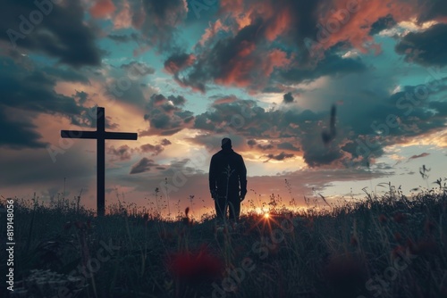 Man in worship in front of the cross in the dramatic cloudy sky