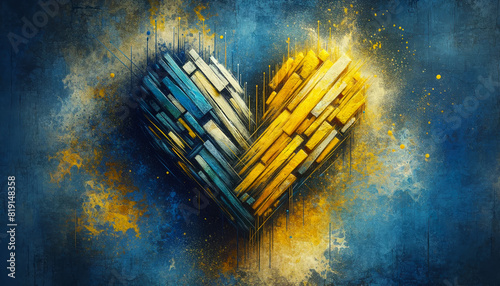 Abstract, artistic heart created with blue yellow paint strokes, set against textured background
