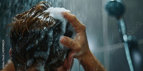 Man taking a shower and shampooing his hair in the shower washing hair with shampoo and conditioner.