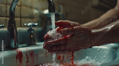 Man washing bleeding hands in sink
