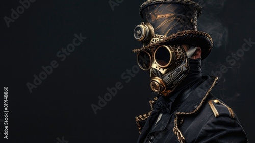 Man with top hat and mask in steampunk style, black background