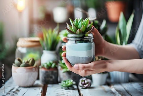 a person's hands gently holding a painted mason jar with a healthy succulent plant inside, surrounded by various pots with green plants