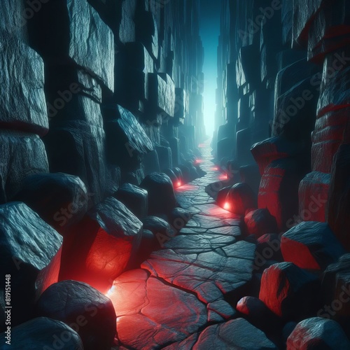 A dark, atmospheric scene of a narrow stone corridor illuminated by eerie red lights under a misty, twilight ambiance, creating a sense of mystery.. AI Generation