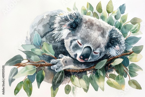 Adorable sleepy koala cuddling eucalyptus branch