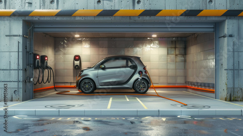 An electric car charging in an underground parking spot of a residential area, in a realistic, photographic style, ultra details