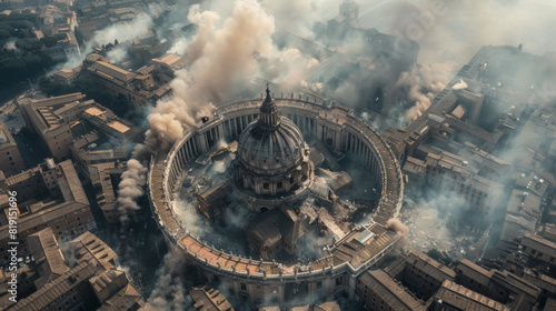 Aerial view on post apocalyptic Vatican city. Smoke and explosions and wreck of tanks