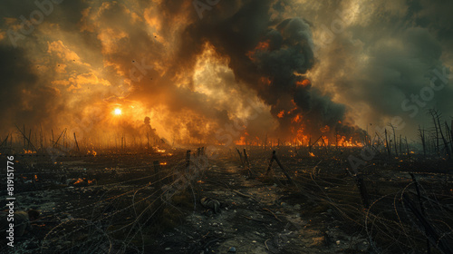 A wide angle photo of an 18th century battlefield. Columns of smoke, barbed wire, soldiers, wounded soldiers, explosions
