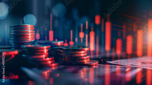 Close-up of stacks of coins and paper currency, overlaid with glowing financial market data, illustrating investment and economic trends. Stacks of Coins with Financial Market Data Overlay