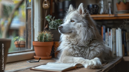 A fluffy white dog resting by a windowsill with a cactus, glasses, and an open book. Cozy and serene indoor setting.