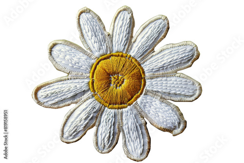 High-quality embroidered daisy flower isolated on transparent background. Perfect for textile and craft designs. Vibrant yellow and white colors.