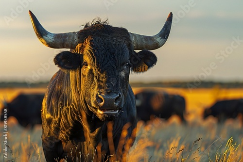 Close up of a black cow grazing in a field at sunset