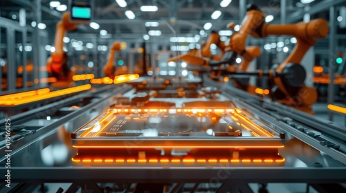 a factory floor illuminated by orange lights, with a conveyor belt running through the center