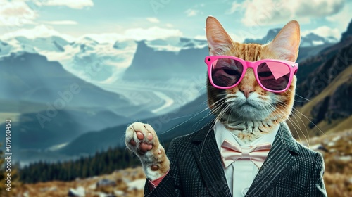 a stylishly dressed cat with pointy ears and a pink nose poses for a photo in front of a mountain backdrop, wearing pink sunglasses and a white tie, while a green