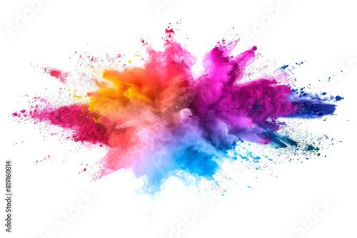 Vibrant explosion of colorful powder in mid-air, showcasing a stunning mix of bright hues and dynamic motion against a transparent background.