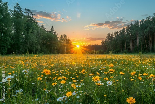 Sunset over a meadow with daisies and pine trees