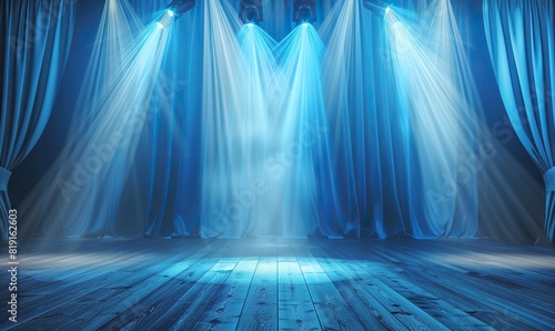 a blue stage illuminated by spotlights, with a blue curtain in the foreground
