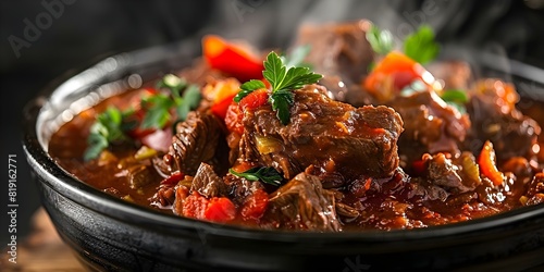 Closeup of steaming hot bowl with Hungarian goulash featuring tender beef. Concept Food Photography, Hungarian Cuisine, Steaming Hot Bowls, Goulash Recipe, Closeup Shots