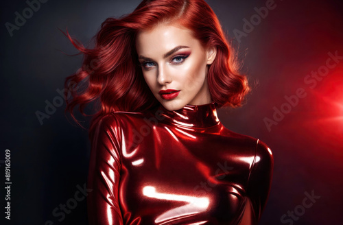 Portrait of a lady with flame-colored hair, scarlet lips and in a tight red leather dress creates a bright and memorable image imbued with energy and charisma