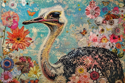 Featuring a cute ostrich design, with a painted background, flowers and butterflies, ostrich, bird, animal patchwork, handmade wall art, patchwork, o