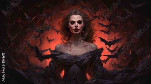 A woman in a black dress stands amidst a swarm of bats flying around her