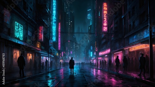 In the heart of a paranormal sophisticated cyberpunk street, the neon lights cast an eerie glow on the sleek, metallic buildings that tower over the bustling crowds below