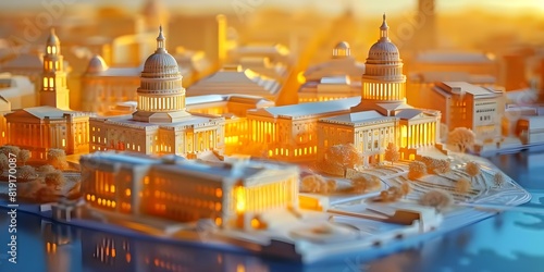 3D model showcasing Washington DC skyline in miniature form. Concept Architectural Visualization, Miniature Scale Model, Cityscape Representation, 3D Rendering, Washington DC Skyline