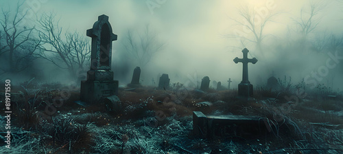 A foggy graveyard scene with old tombstones and eerie shadows