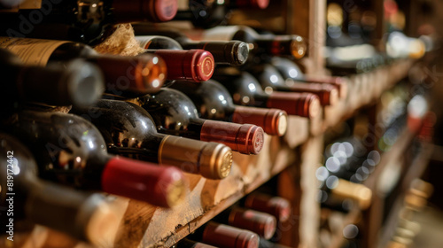 Many bottles of wine are neatly lined up in rows on wooden shelves in a wine cellar