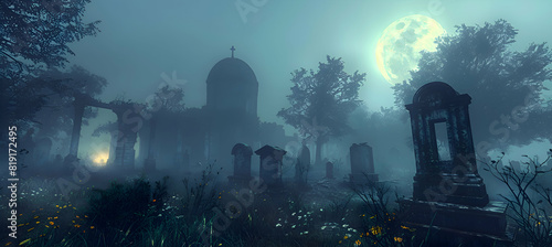 A foggy graveyard with old tombstones and a full moon in the background, creating a haunted atmosphere