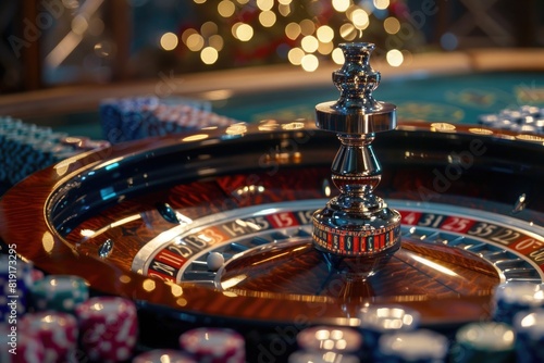 Close up of a casino roulette table with chips, suitable for gambling and entertainment concepts