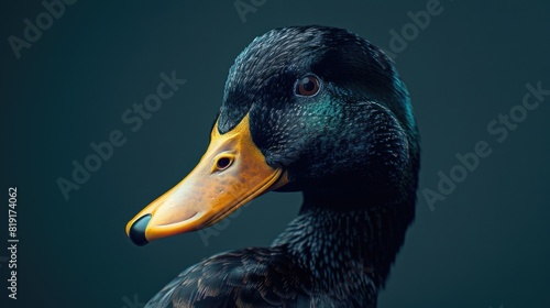 Close up of a duck's head with a dark background. Suitable for nature and wildlife themes