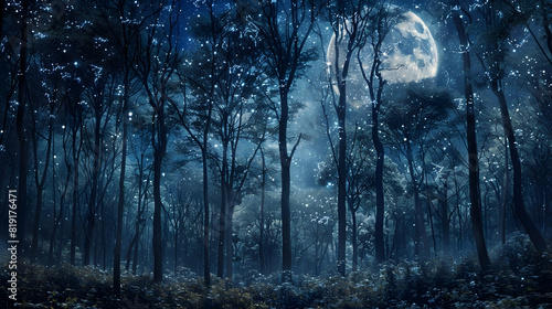 A moonlit forest where the trees have intricate patterns of constellations etched onto their trunks 