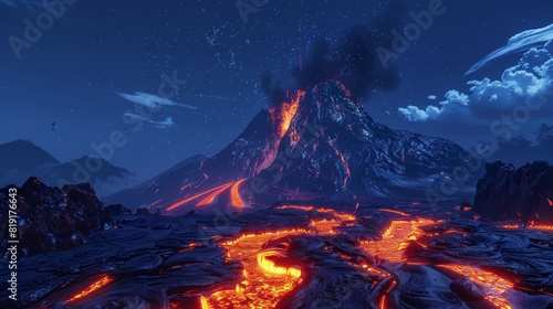 A volcano erupting with lava flowing out of it, creating a dramatic scene of intense heat and destruction