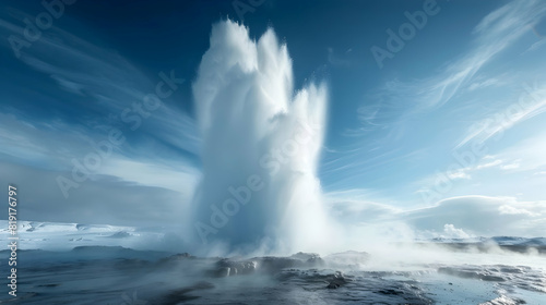 a picture of a geothermal geyser in full eruption, sending boiling water and steam skyward in a mesmerizing display of Earth's geothermal energy 