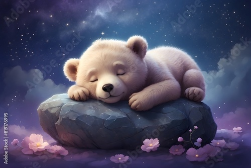 Celestial Slumber: A Baby Bear’s Quiet Night on the Rocks