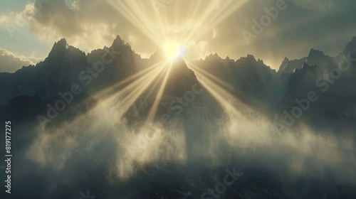 Beaming sun rays on a mysterious mountain range