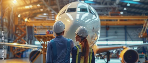 Two engineers in hard hats looking at an airplane in a hangar.