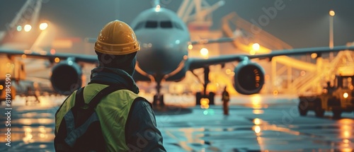 An aircraft maintenance engineer looking at a wide-body passenger plane in a hangar