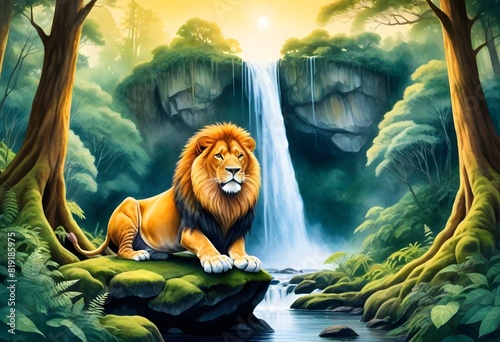 lion sitting by waterfall (374)