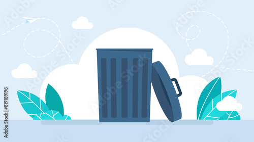 Trash can open. Metal trashcan for garbage with opened cover. Empty rubbish can cartoon design. Ecology and environment concept. Isolated on white background. Flat style illustration