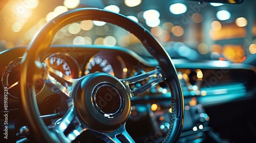 Close-up steering wheel classic car with blurred background