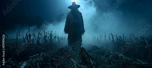 A night scene with a creepy scarecrow in a pumpkin patch, surrounded by fog and eerie lighting