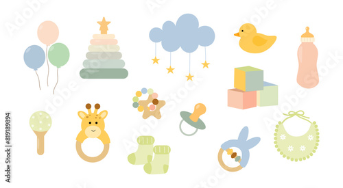 Newborn accessories set. Baby care items, booties, toys, milk bottles and rattles, pacifier. Maternity and childhood things. Vector illustration in flat style.