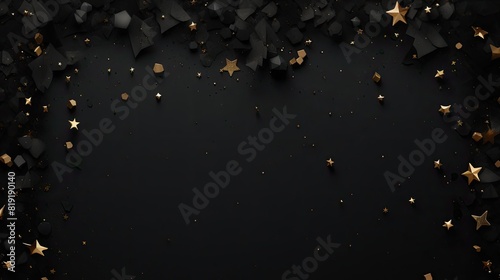 Black background with golden stars and confetti.